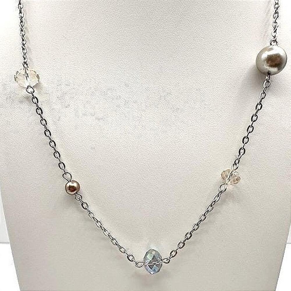 Vintage 90s Silver Tone Faux Pearl & Glass Station Necklace Boho Women's Jewelry